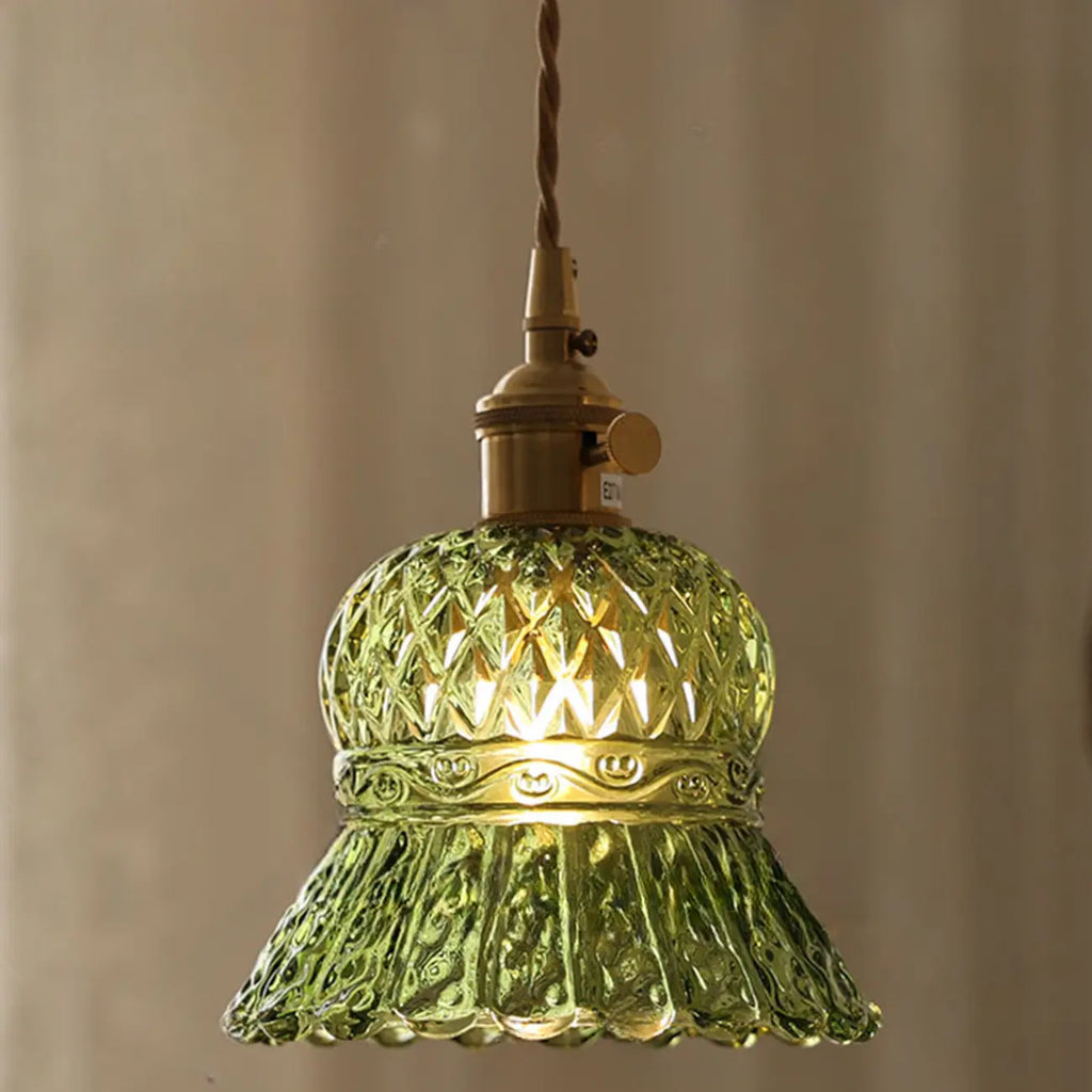 Mini suspension vintage en verre vert en forme de fleur, réglable.