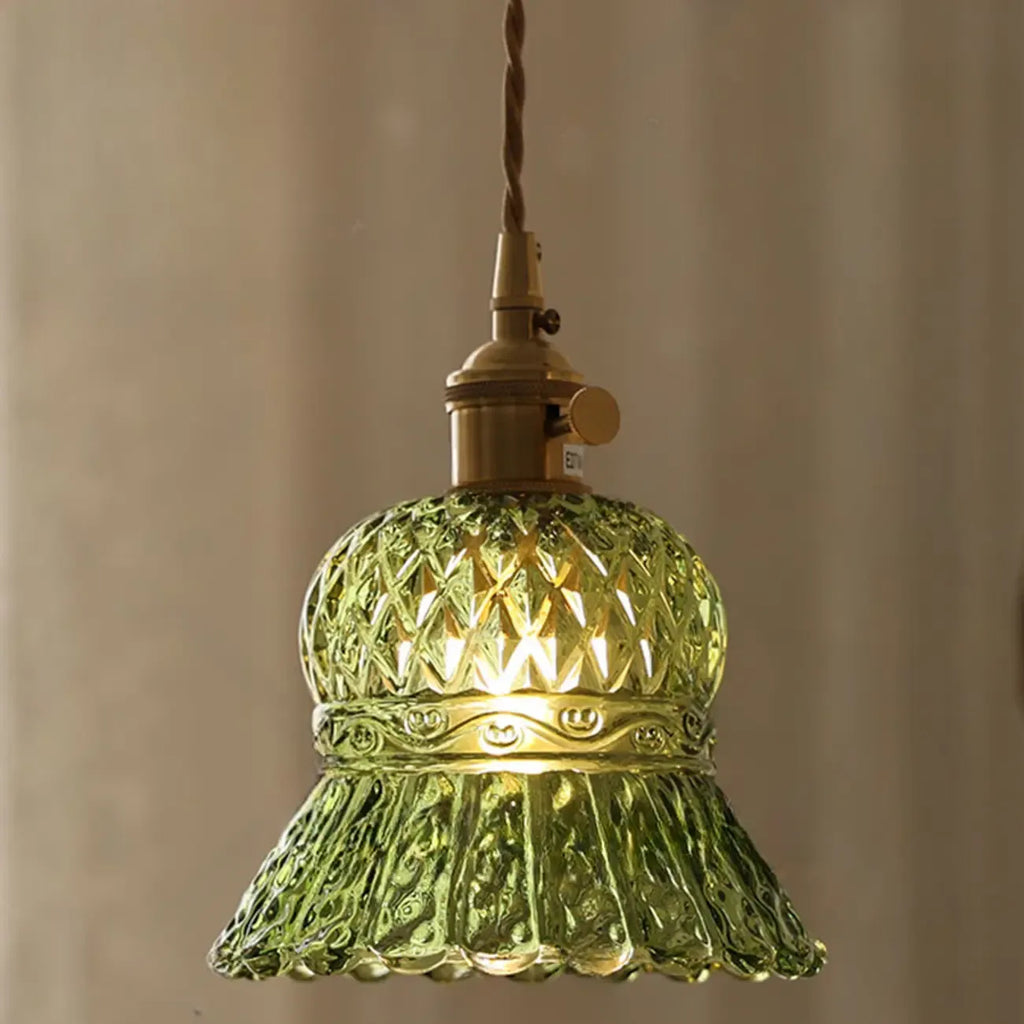 Mini suspension vintage en verre vert en forme de fleur, réglable.