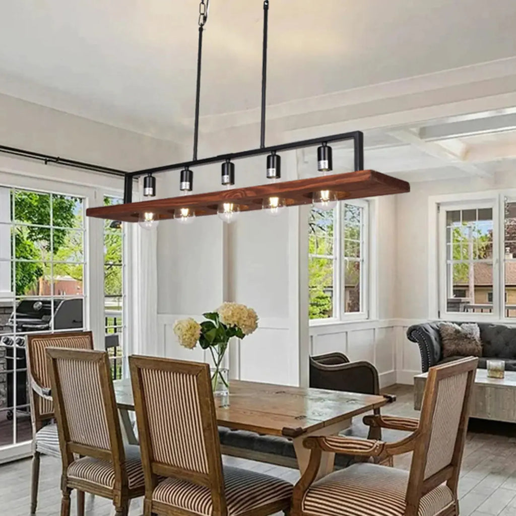 Suspension industrielle à 5 lumières en verre noir pour îlot de cuisine