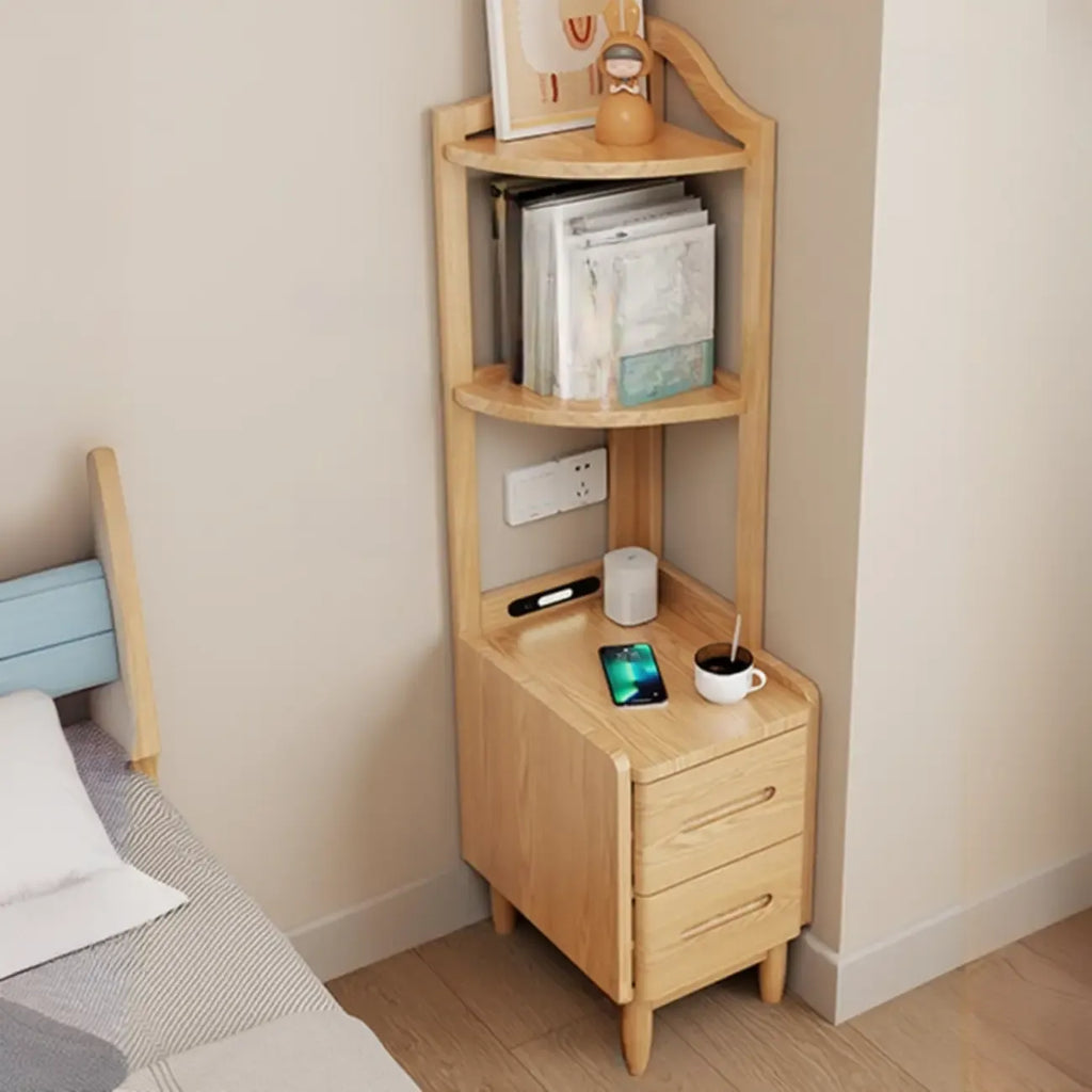 Table de chevet haute en bois avec tiroirs et rangement ouvert