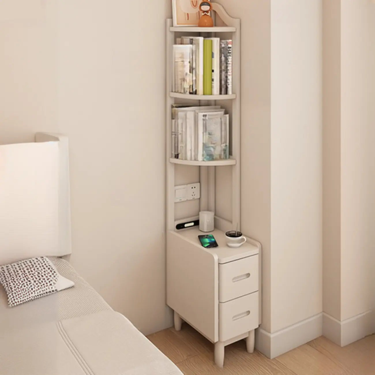 Table de chevet haute en bois avec tiroirs et rangement ouvert