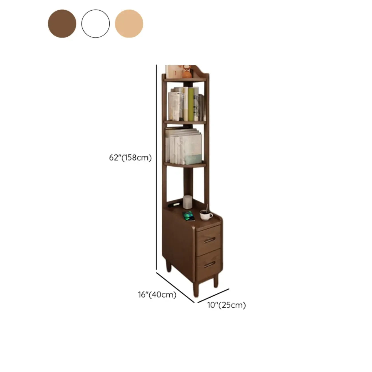 Table de chevet haute en bois avec tiroirs et rangement ouvert