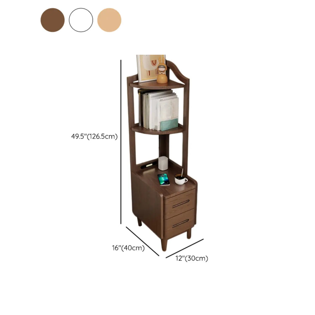 Table de chevet haute en bois avec tiroirs et rangement ouvert