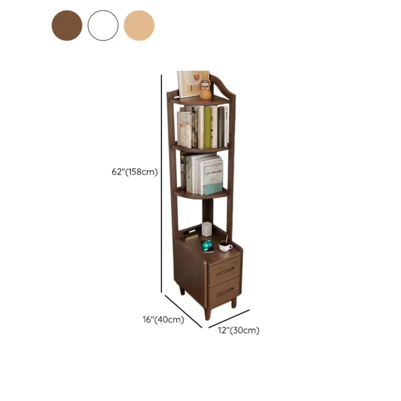 Table de chevet haute en bois avec tiroirs et rangement ouvert