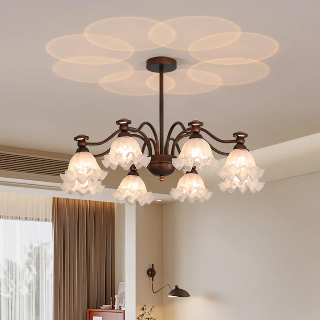 Lustre moderne en bronze noir, verre et cristal à motif floral