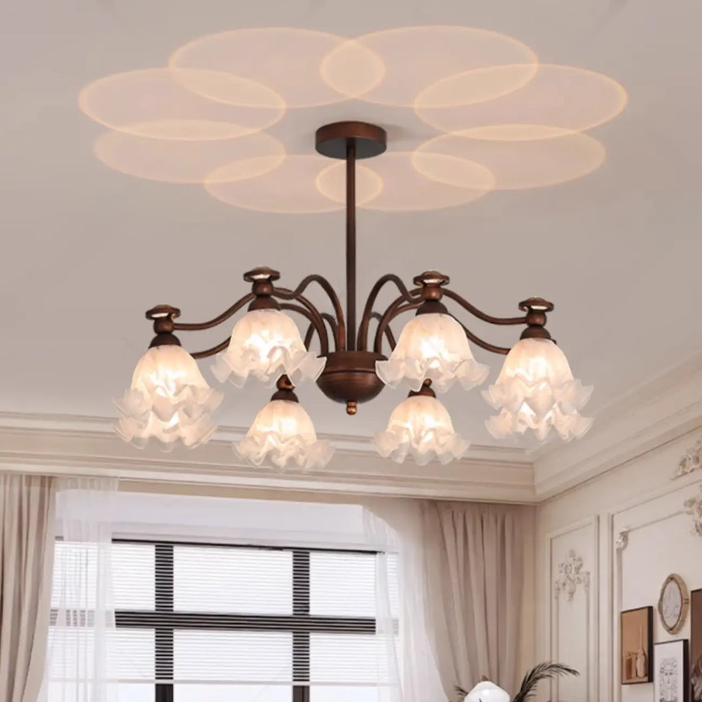 Lustre moderne en bronze noir, verre et cristal à motif floral