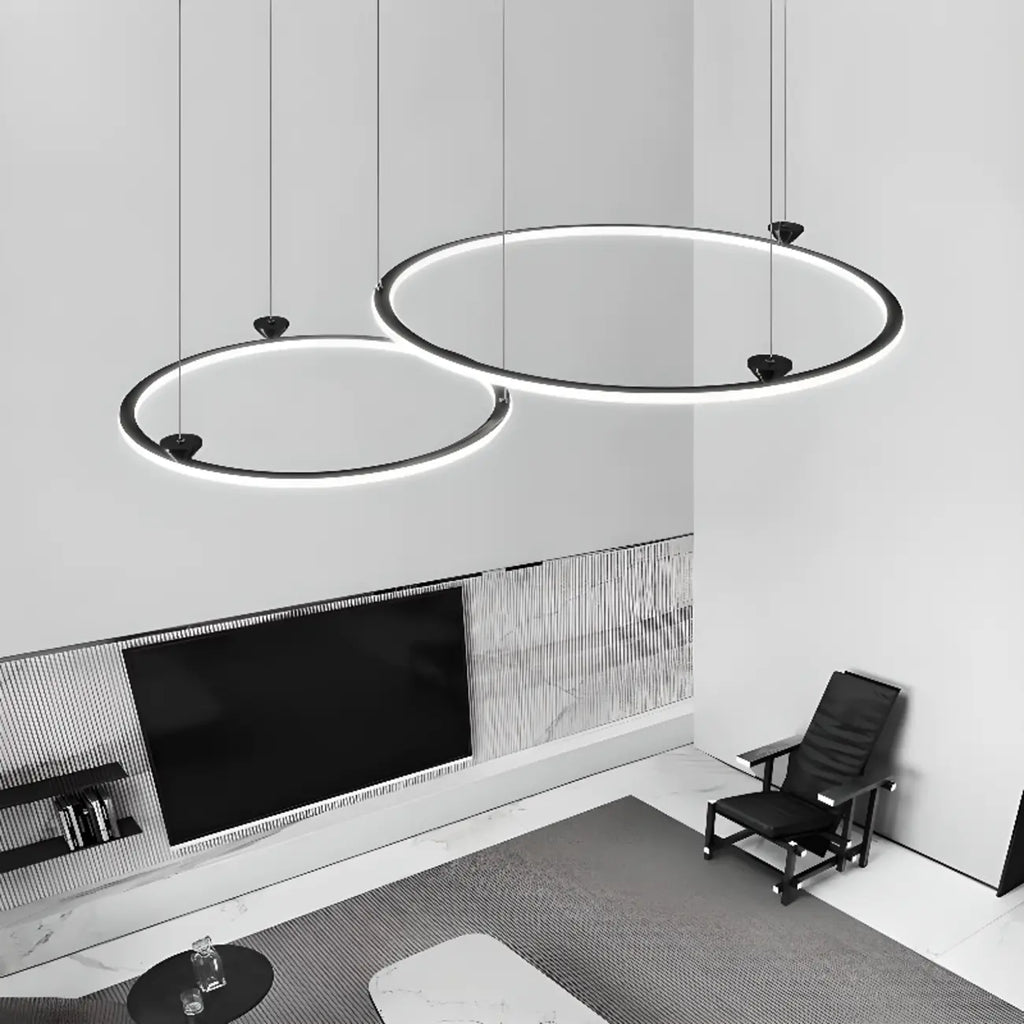 Lustre moderne minimaliste à LED en métal noir avec anneau circulaire