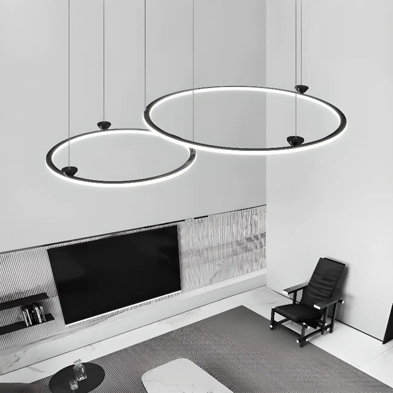 Lustre moderne minimaliste à LED en métal noir avec anneau circulaire