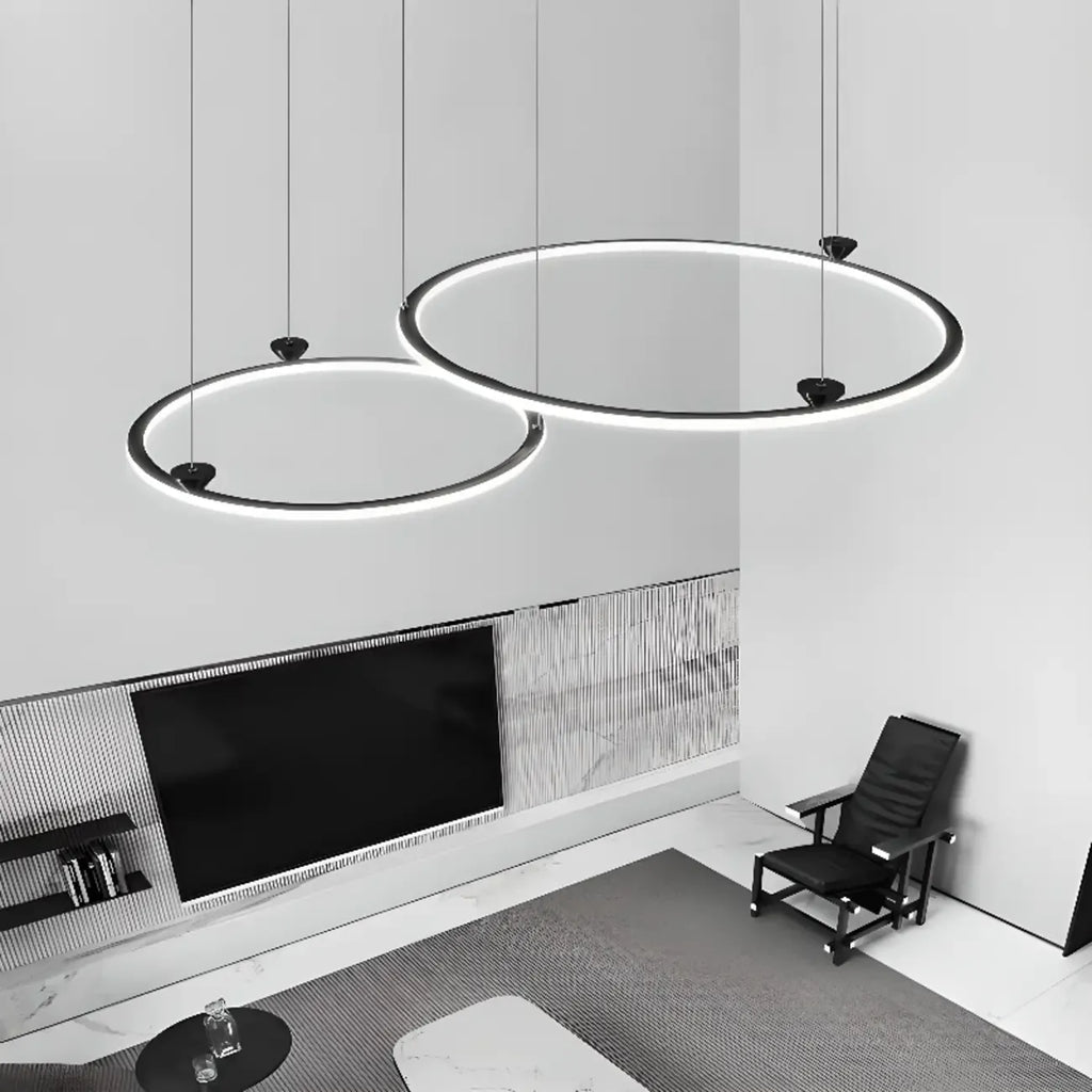 Lustre moderne minimaliste à LED en métal noir avec anneau circulaire