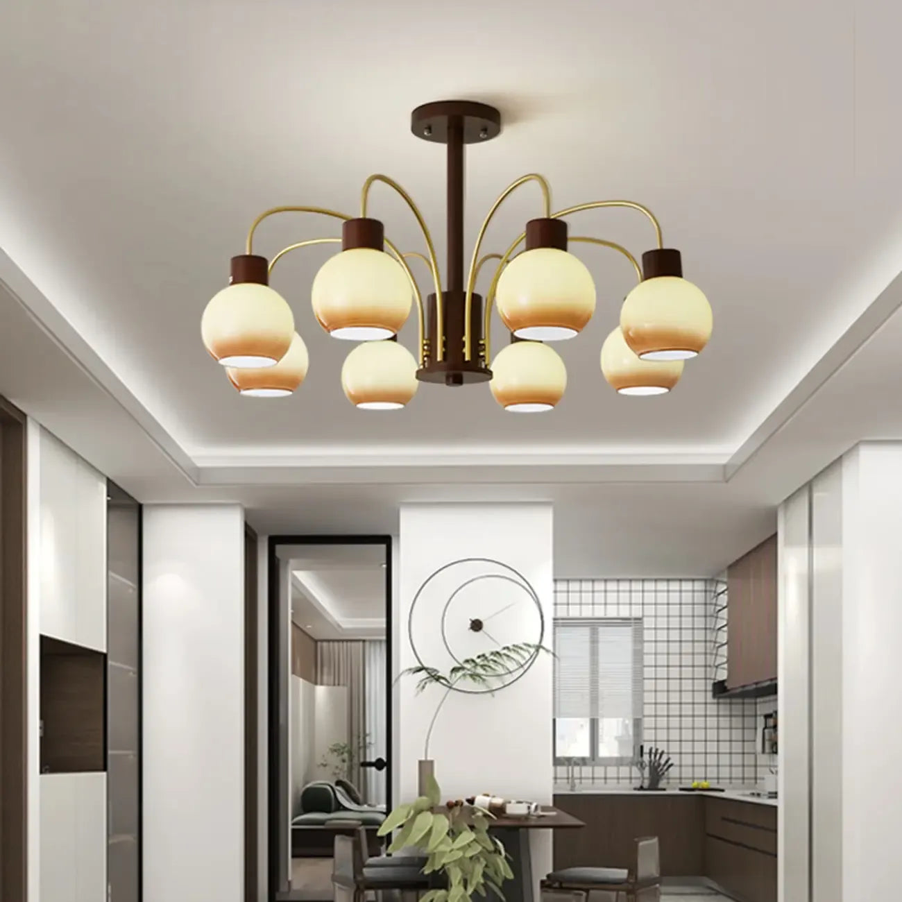 Lustre classique en métal doré et verre ambré