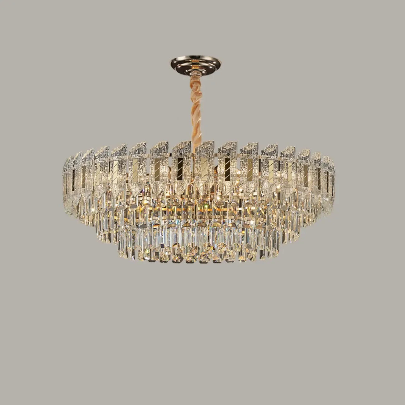 Luxueux lustre rond à deux niveaux en cristal doré