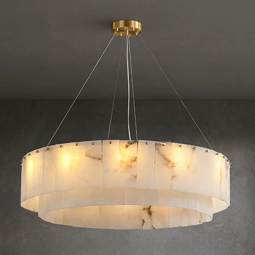 Lustre vintage en albâtre doré suspendu en forme de tambour