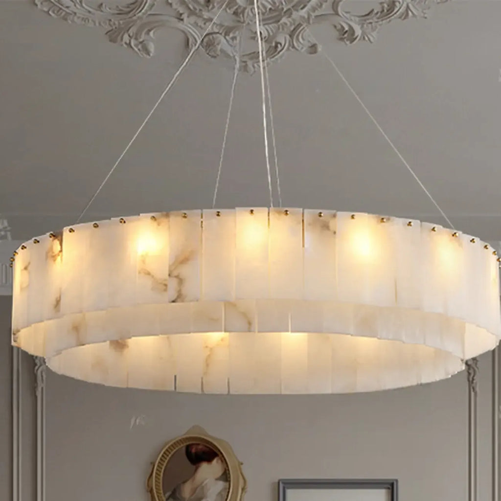 Lustre vintage en albâtre doré suspendu en forme de tambour