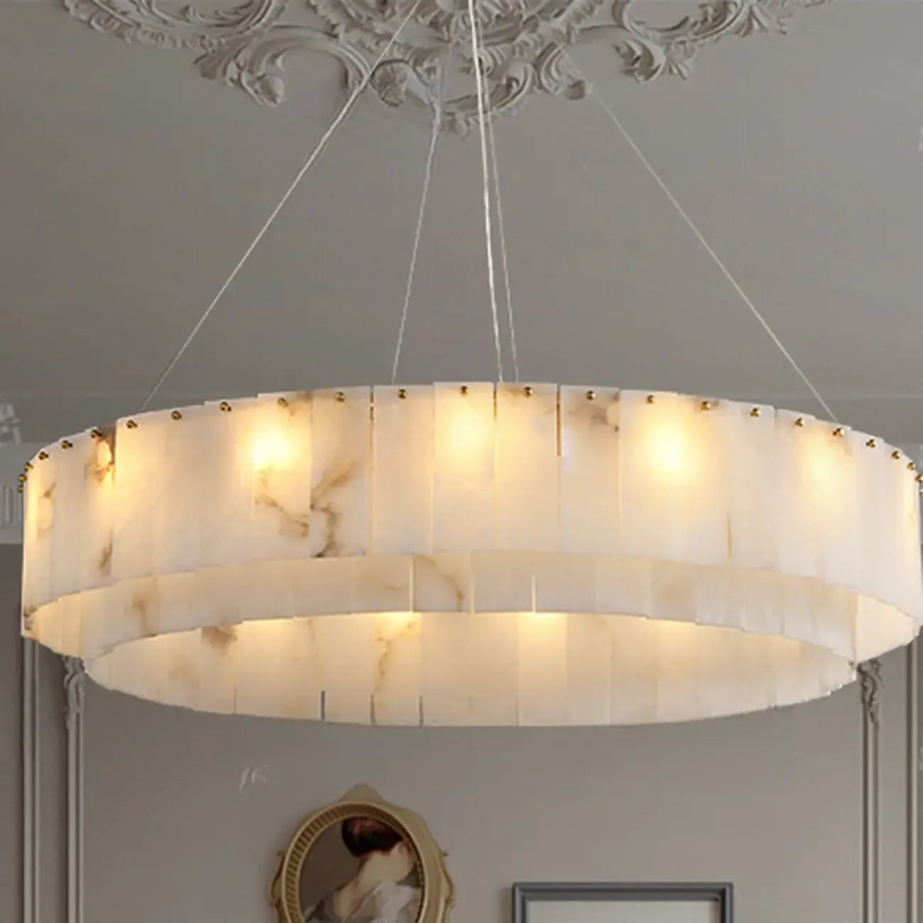 Lustre vintage en albâtre doré suspendu en forme de tambour