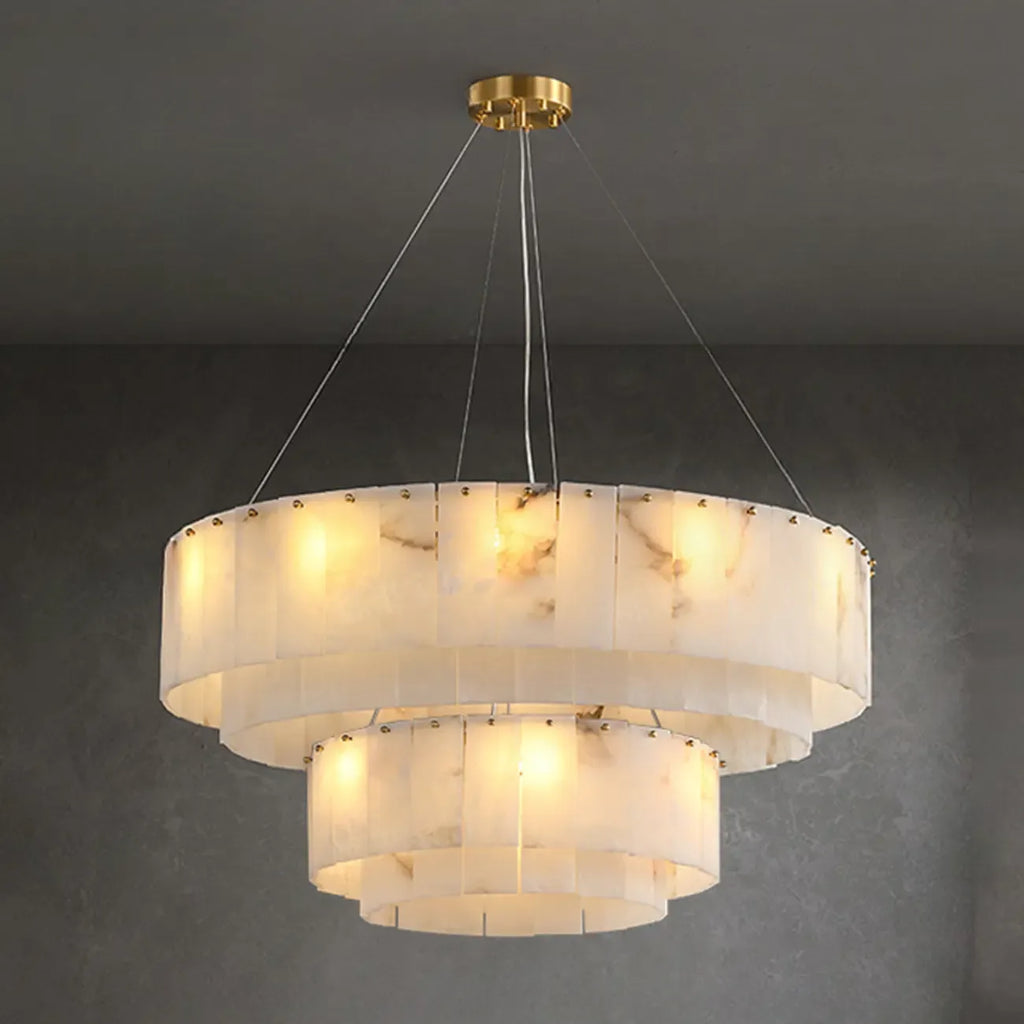 Lustre vintage en albâtre doré suspendu en forme de tambour