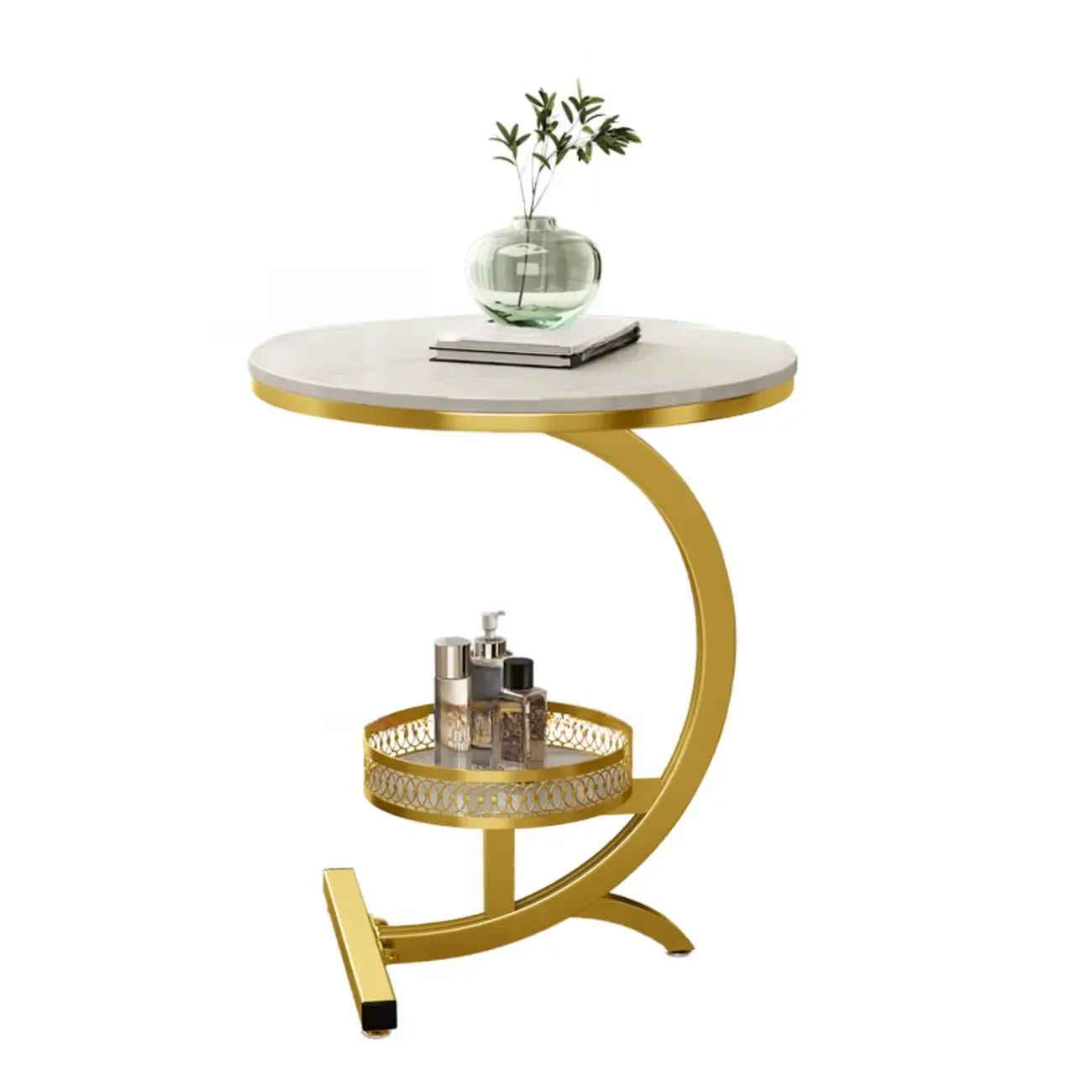 Table d'appoint en forme de C avec plateau en pierre et piètement en métal.