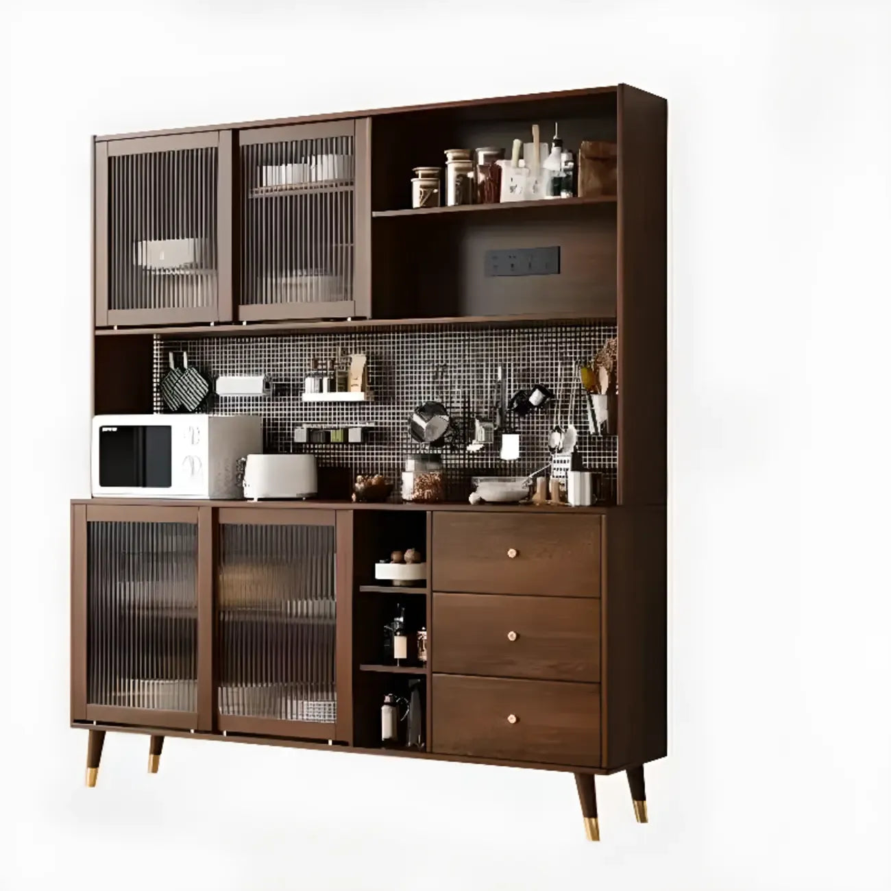 Buffet à trois tiroirs en bois brun avec portes coulissantes en verre