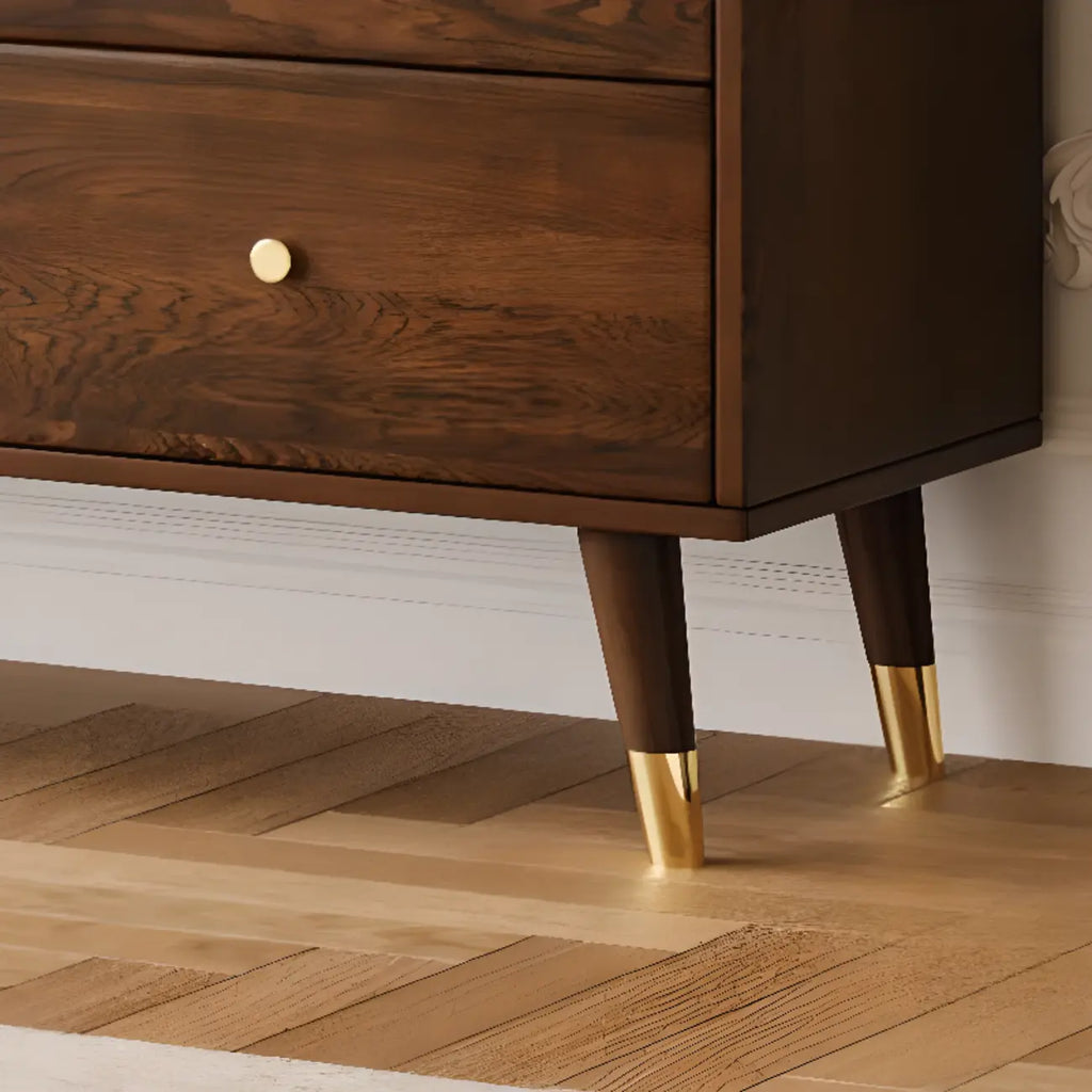 Buffet à trois tiroirs en bois brun avec portes coulissantes en verre