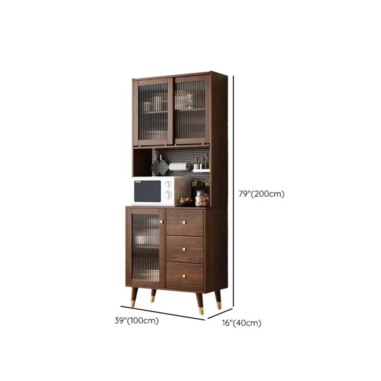 Buffet à trois tiroirs en bois brun avec portes coulissantes en verre