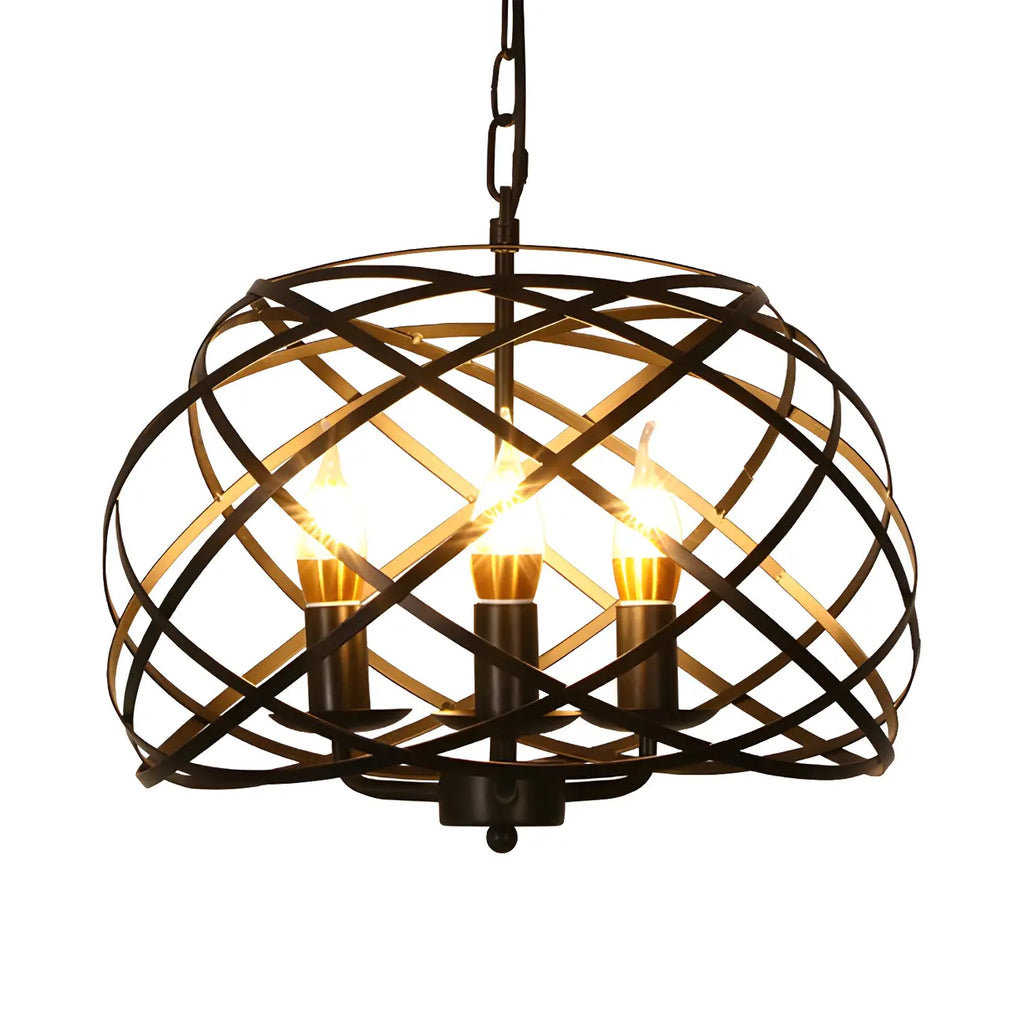 Suspension vintage élégante à cage ouverte avec bougie, 3 têtes, lustre noir