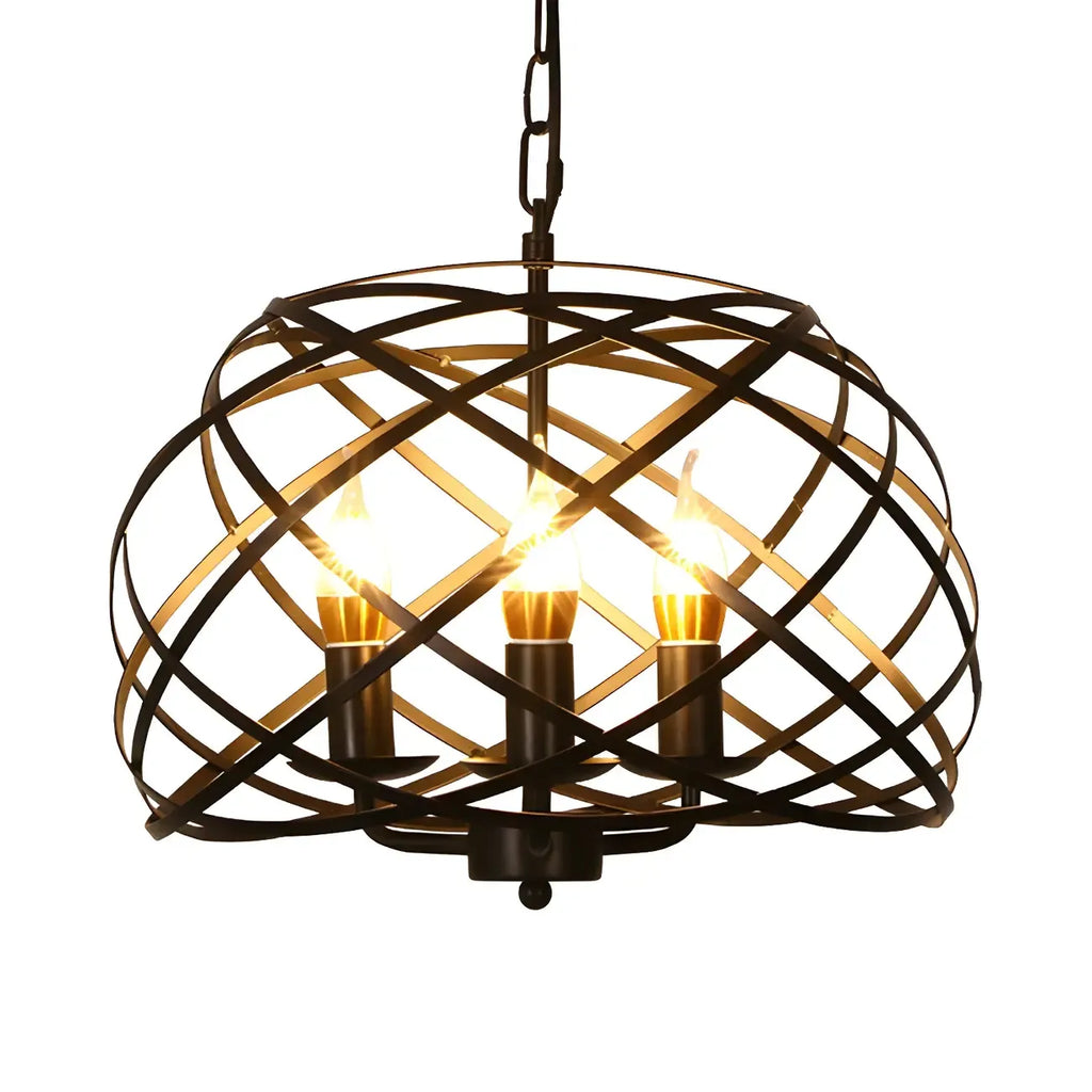 Suspension vintage élégante à cage ouverte avec bougie, 3 têtes, lustre noir