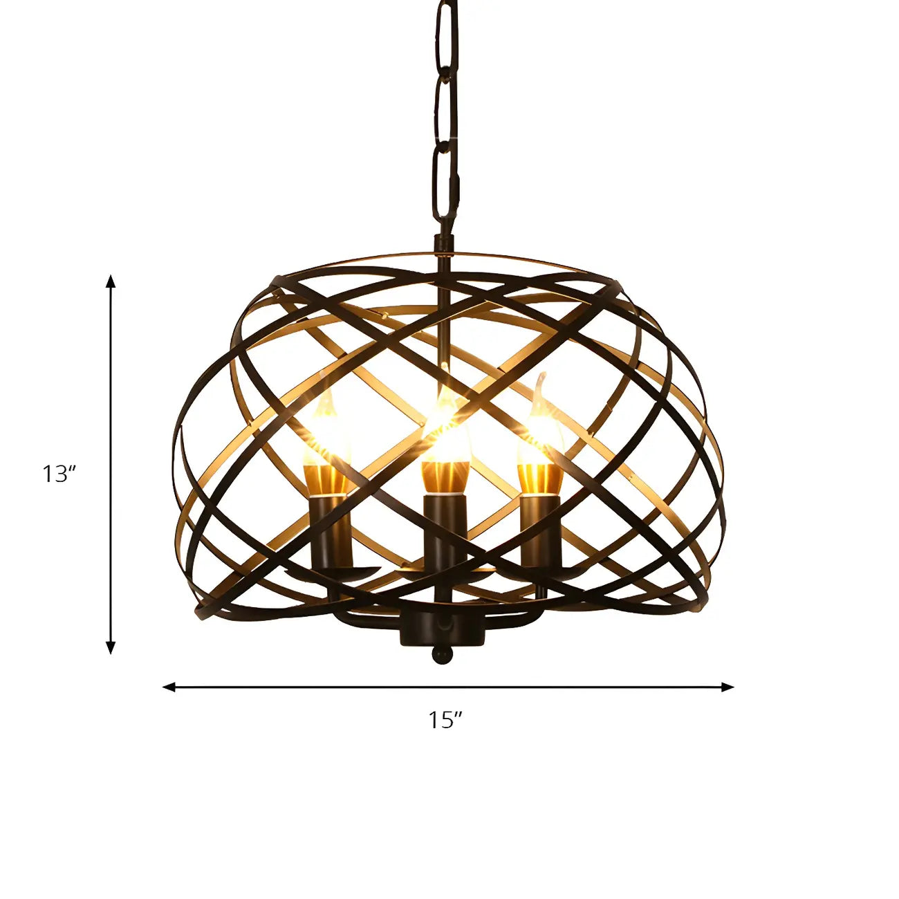Suspension vintage élégante à cage ouverte avec bougie, 3 têtes, lustre noir