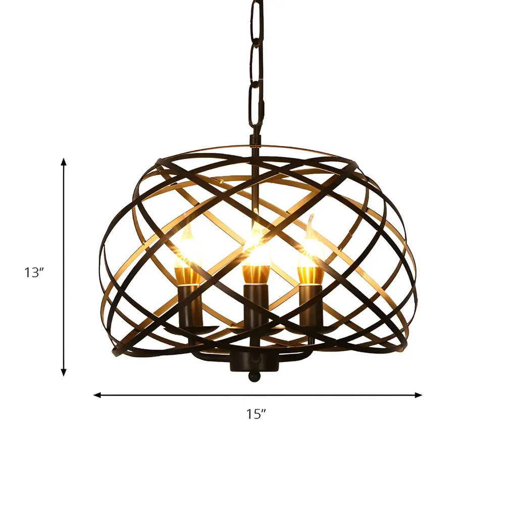 Suspension vintage élégante à cage ouverte avec bougie, 3 têtes, lustre noir