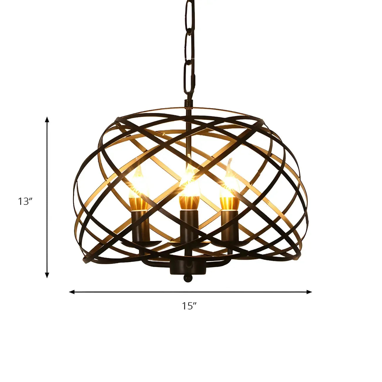 Suspension vintage élégante à cage ouverte avec bougie, 3 têtes, lustre noir