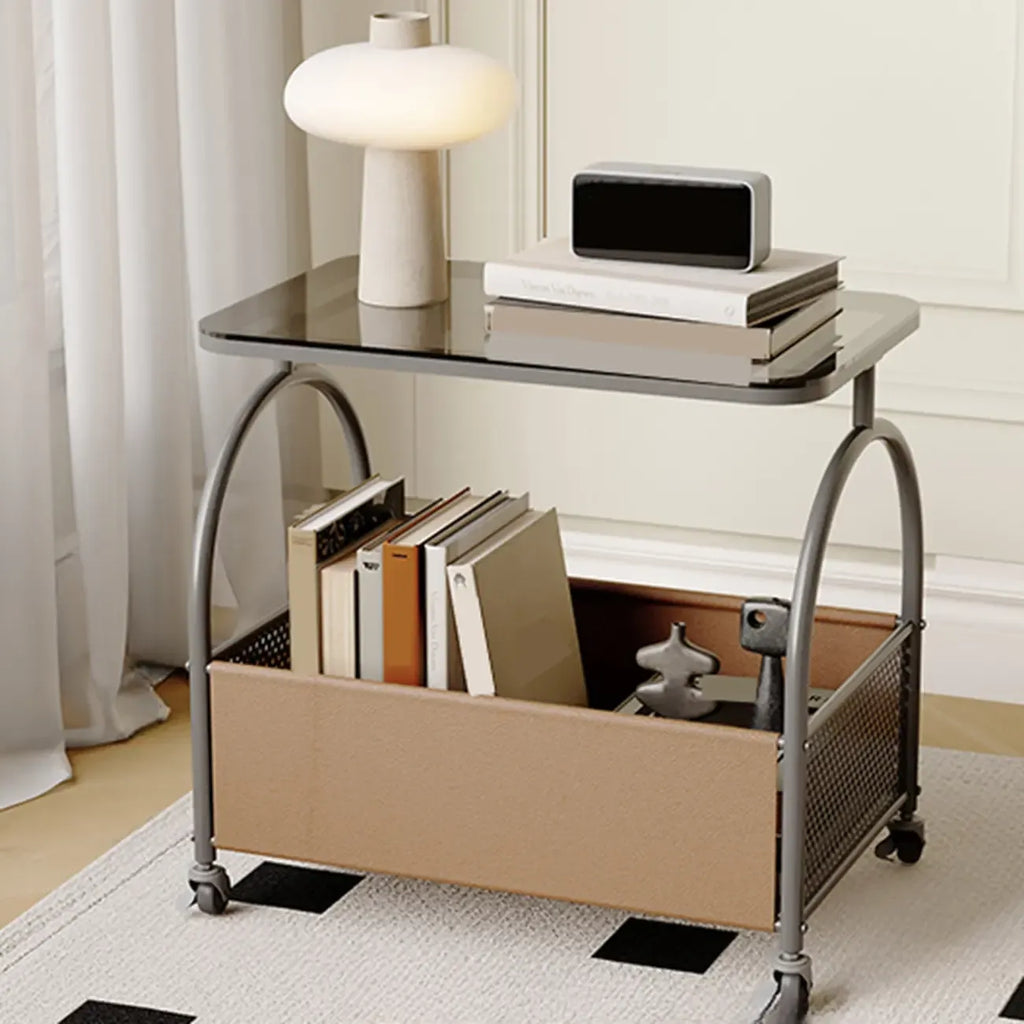 Table d'appoint de rangement avec plateau en verre brun et roulettes