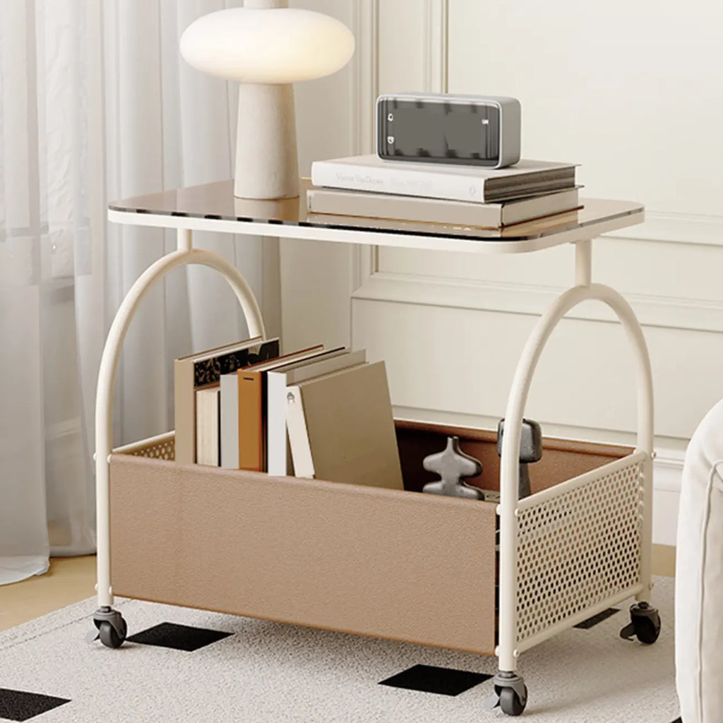 Table d'appoint de rangement avec plateau en verre brun et roulettes