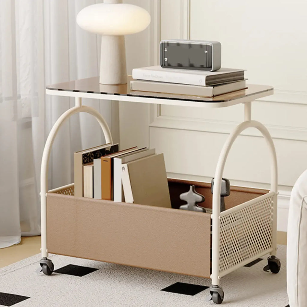 Table d'appoint de rangement avec plateau en verre brun et roulettes