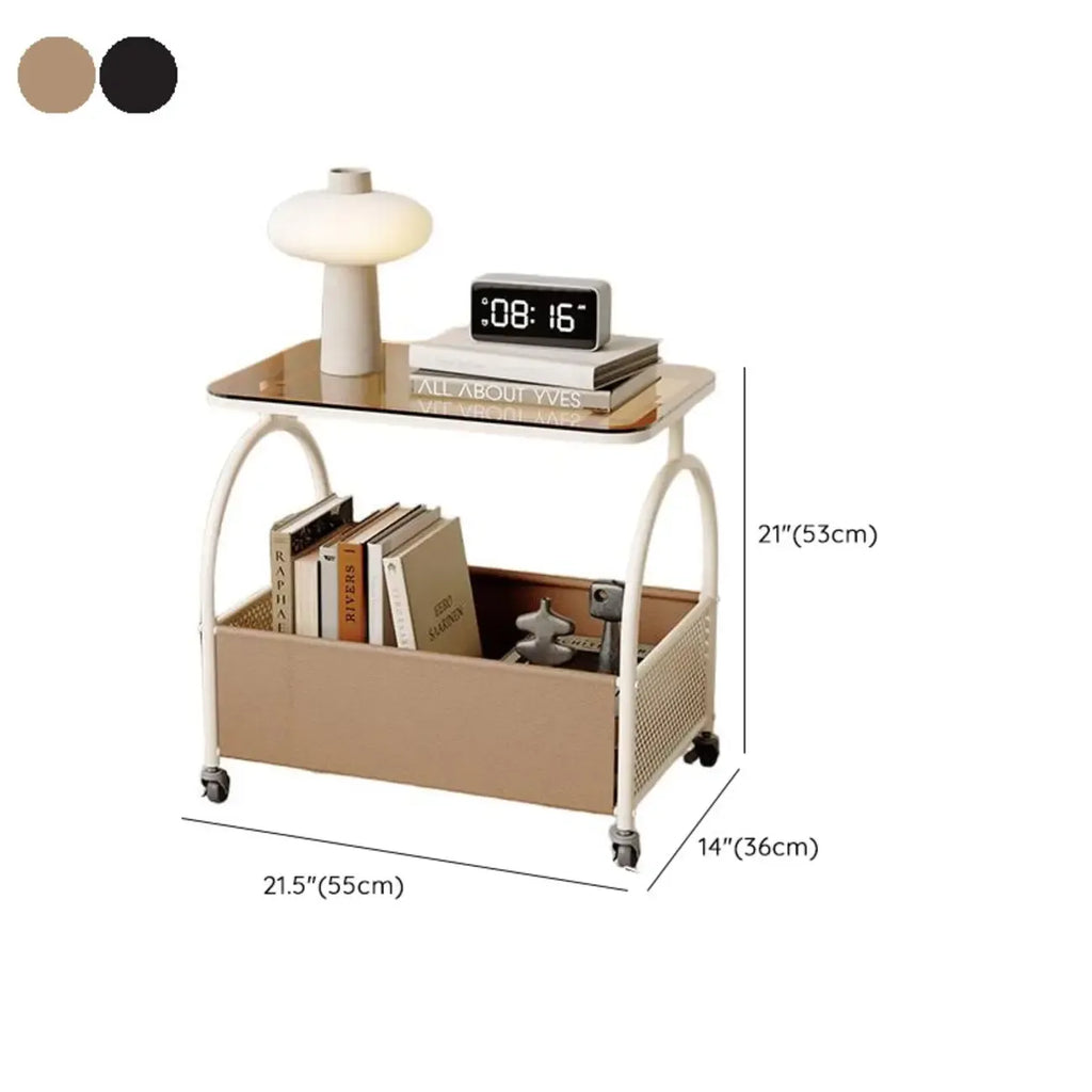 Table d'appoint de rangement avec plateau en verre brun et roulettes