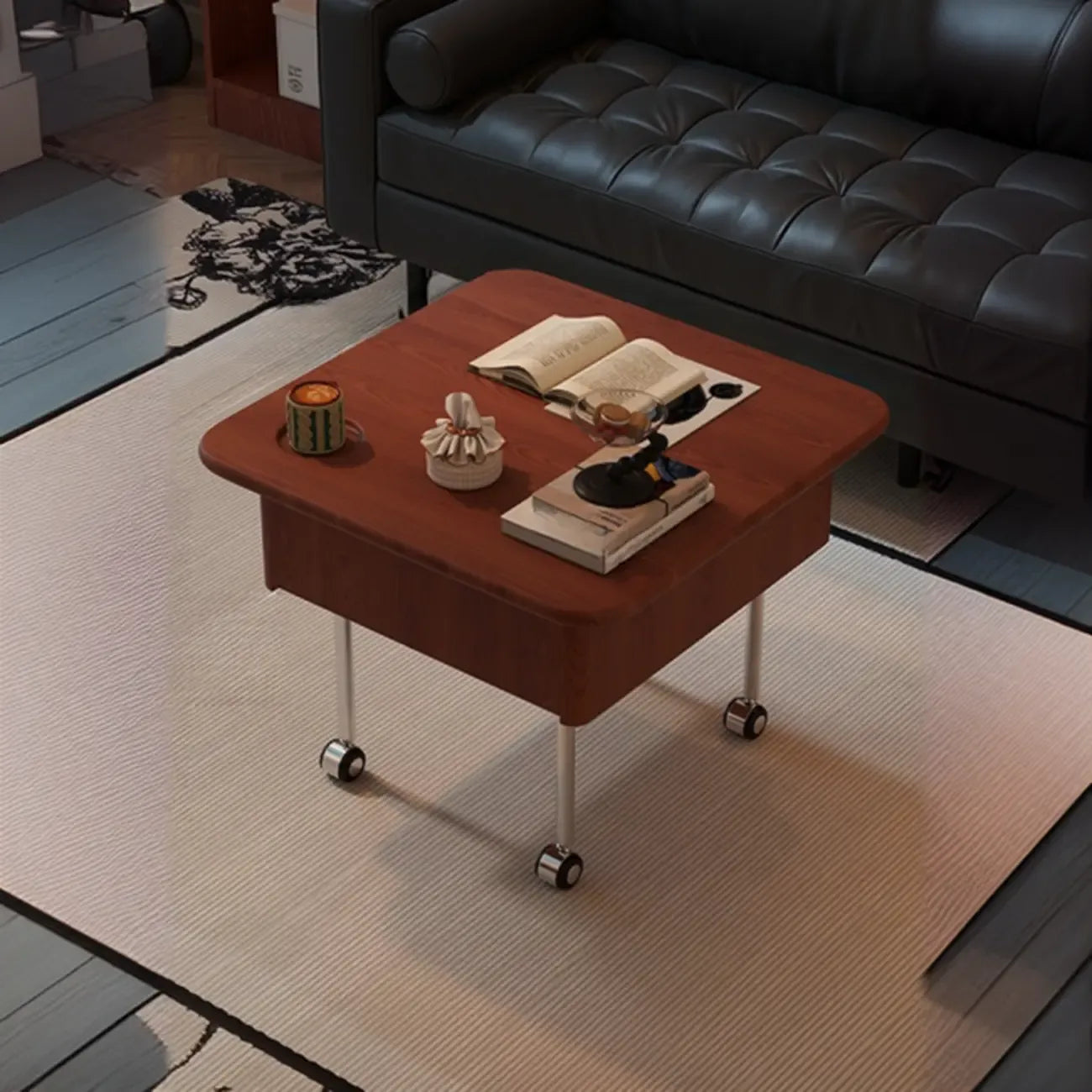 Table basse carrée en bois et métal avec plateau relevable et roulettes