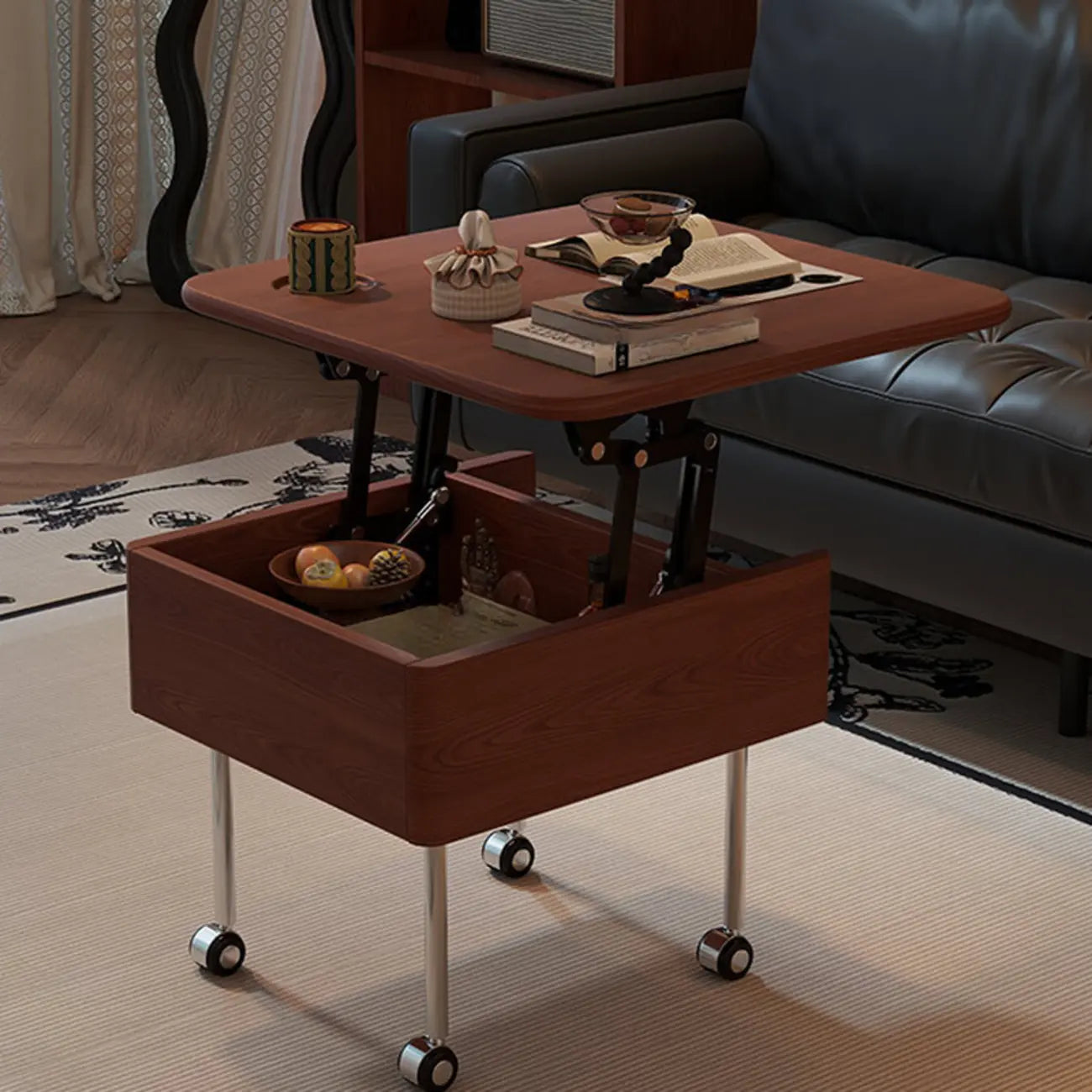 Table basse carrée en bois et métal avec plateau relevable et roulettes