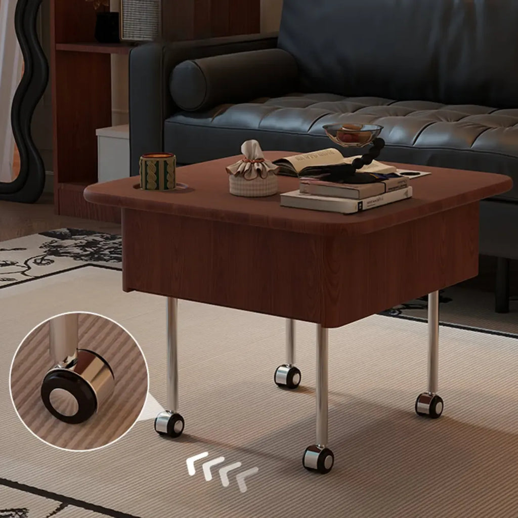 Table basse carrée en bois et métal avec plateau relevable et roulettes