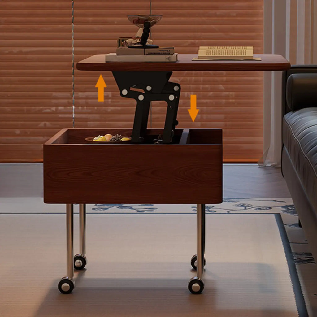 Table basse carrée en bois et métal avec plateau relevable et roulettes