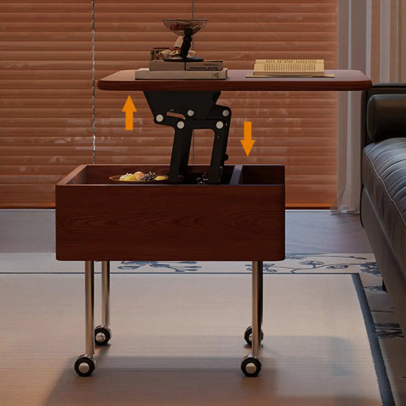 Table basse carrée en bois et métal avec plateau relevable et roulettes