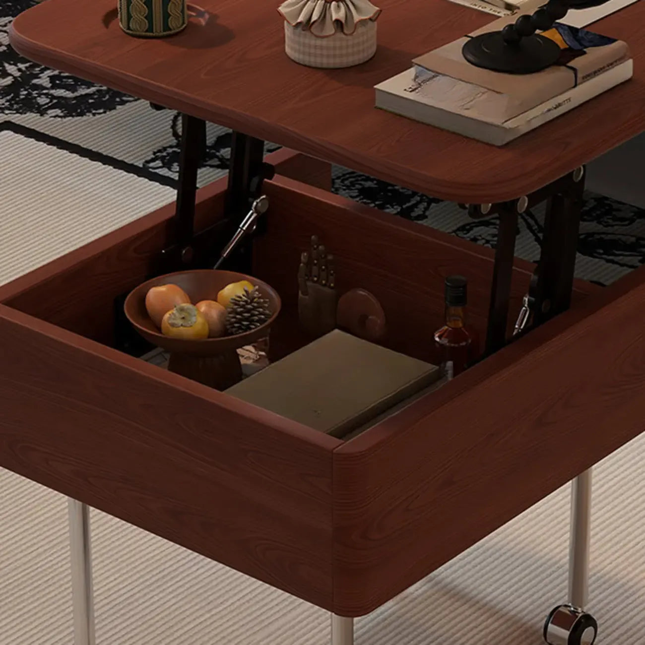 Table basse carrée en bois et métal avec plateau relevable et roulettes