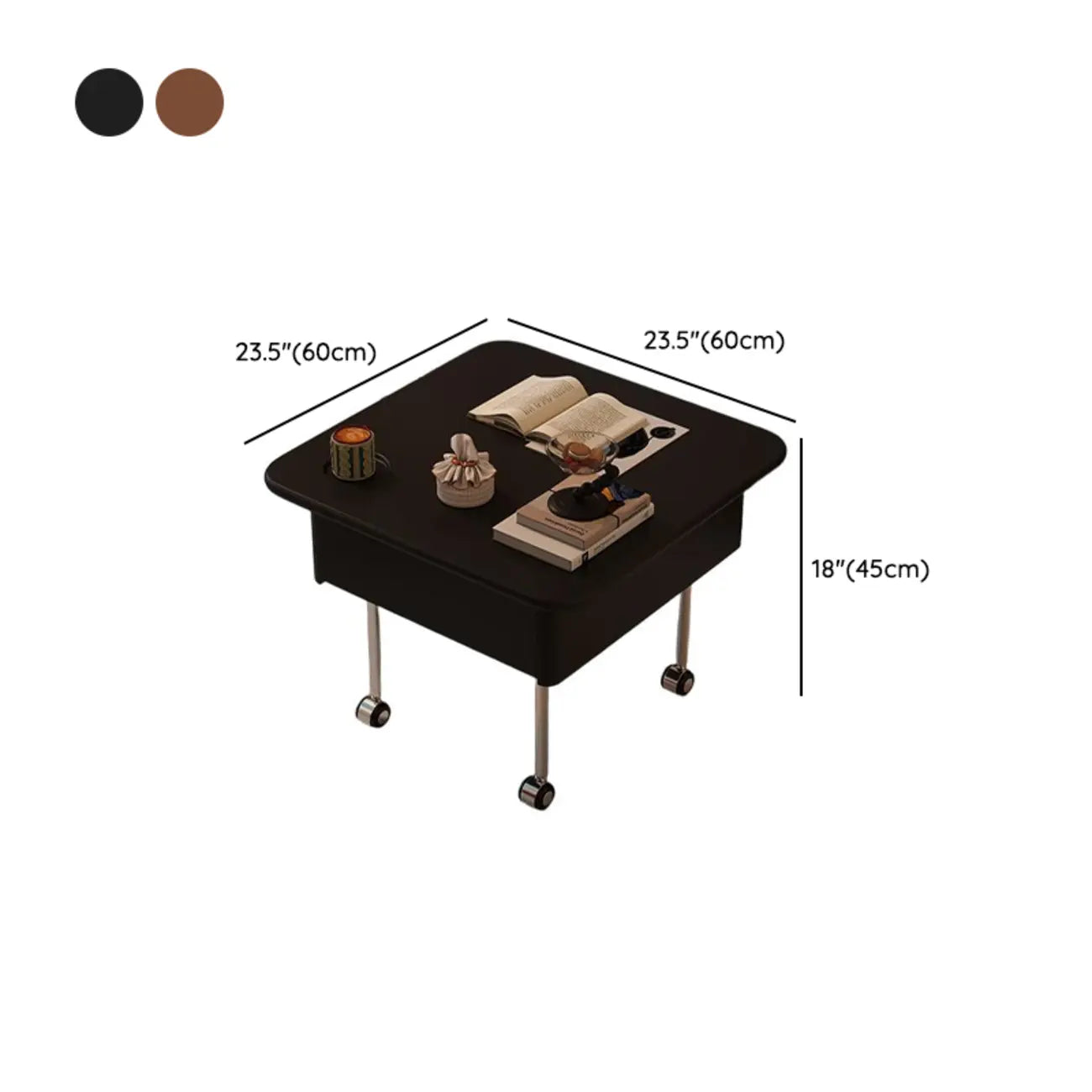 Table basse carrée en bois et métal avec plateau relevable et roulettes