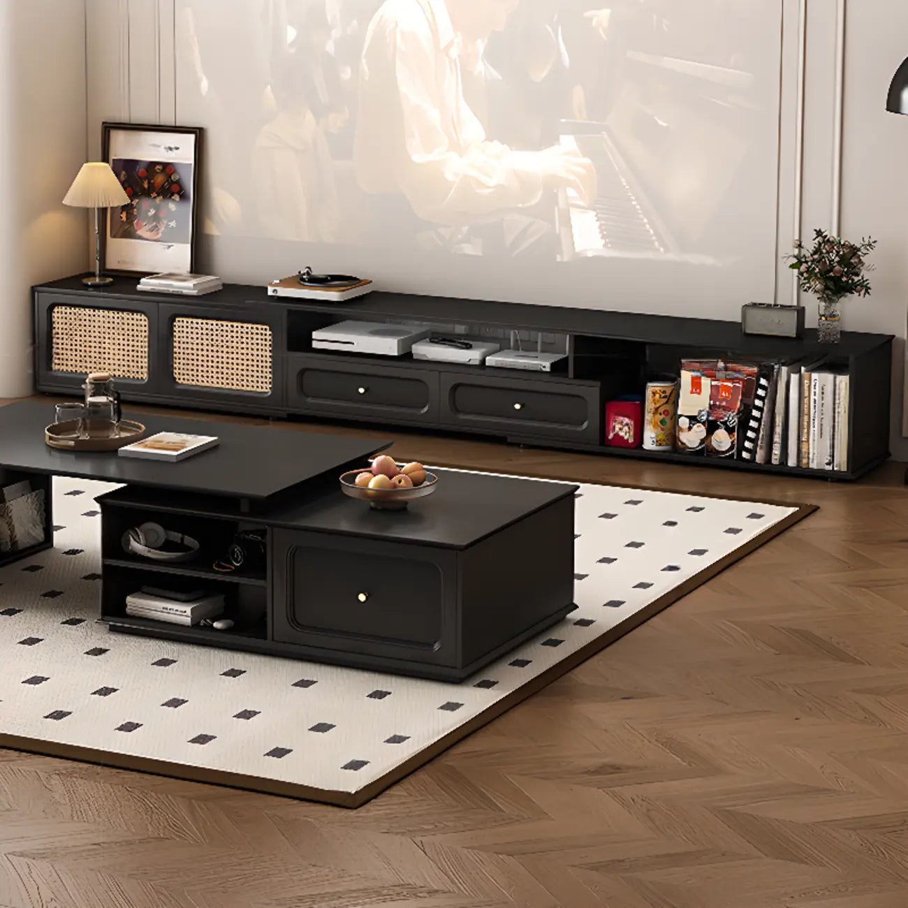 Meuble TV de style moderne du milieu du siècle en bois d'encre avec rangement