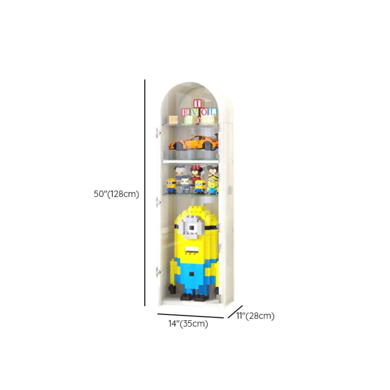 Vitrine d'angle étroite réglable en métal blanc et verre, avec porte-objets en métal et verre.