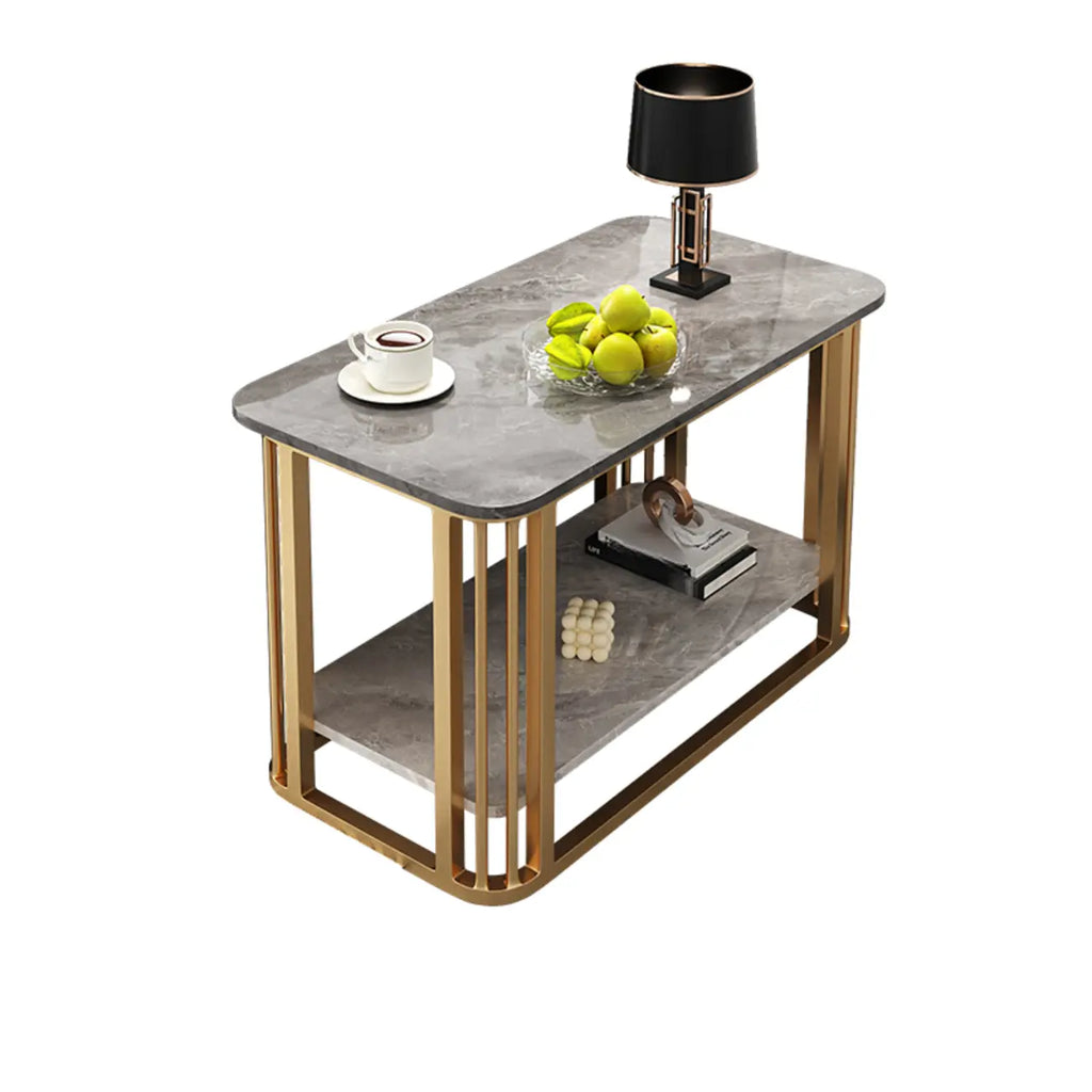 Table basse rectangulaire de luxe dorée à deux niveaux avec plateau en pierre