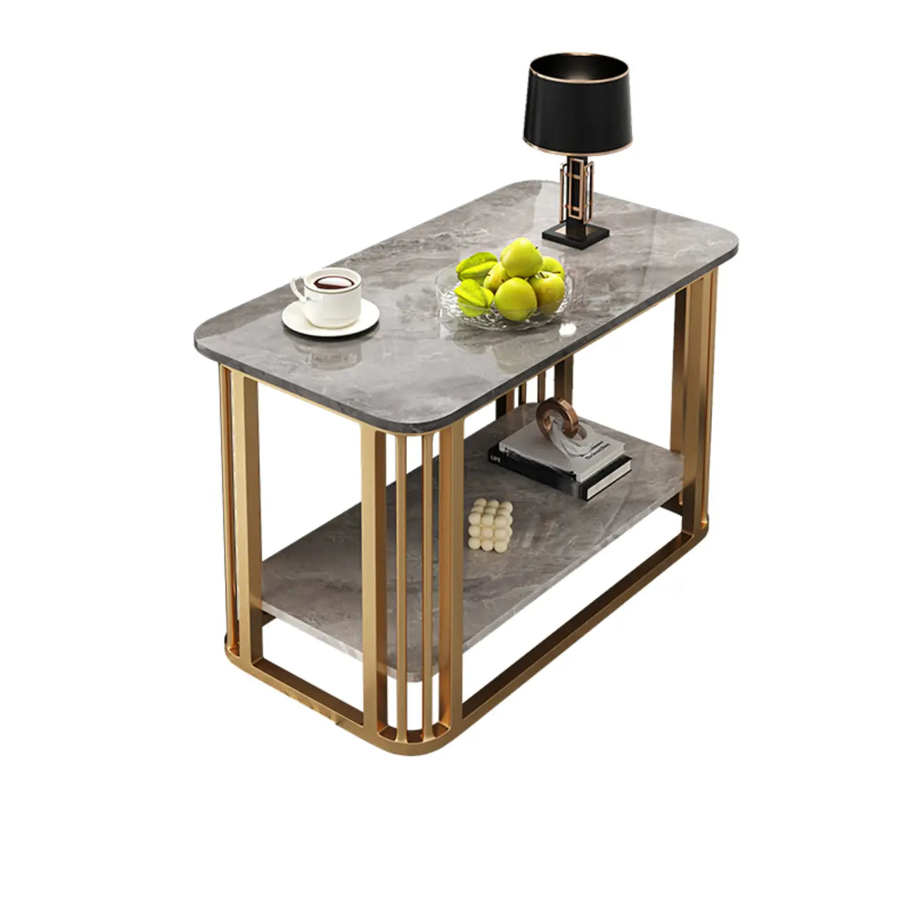 Table basse rectangulaire de luxe dorée à deux niveaux avec plateau en pierre
