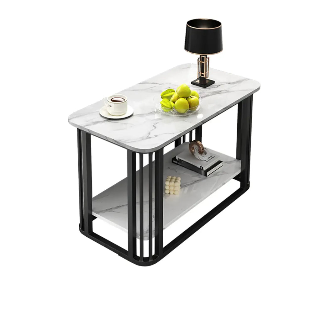 Table basse rectangulaire de luxe dorée à deux niveaux avec plateau en pierre