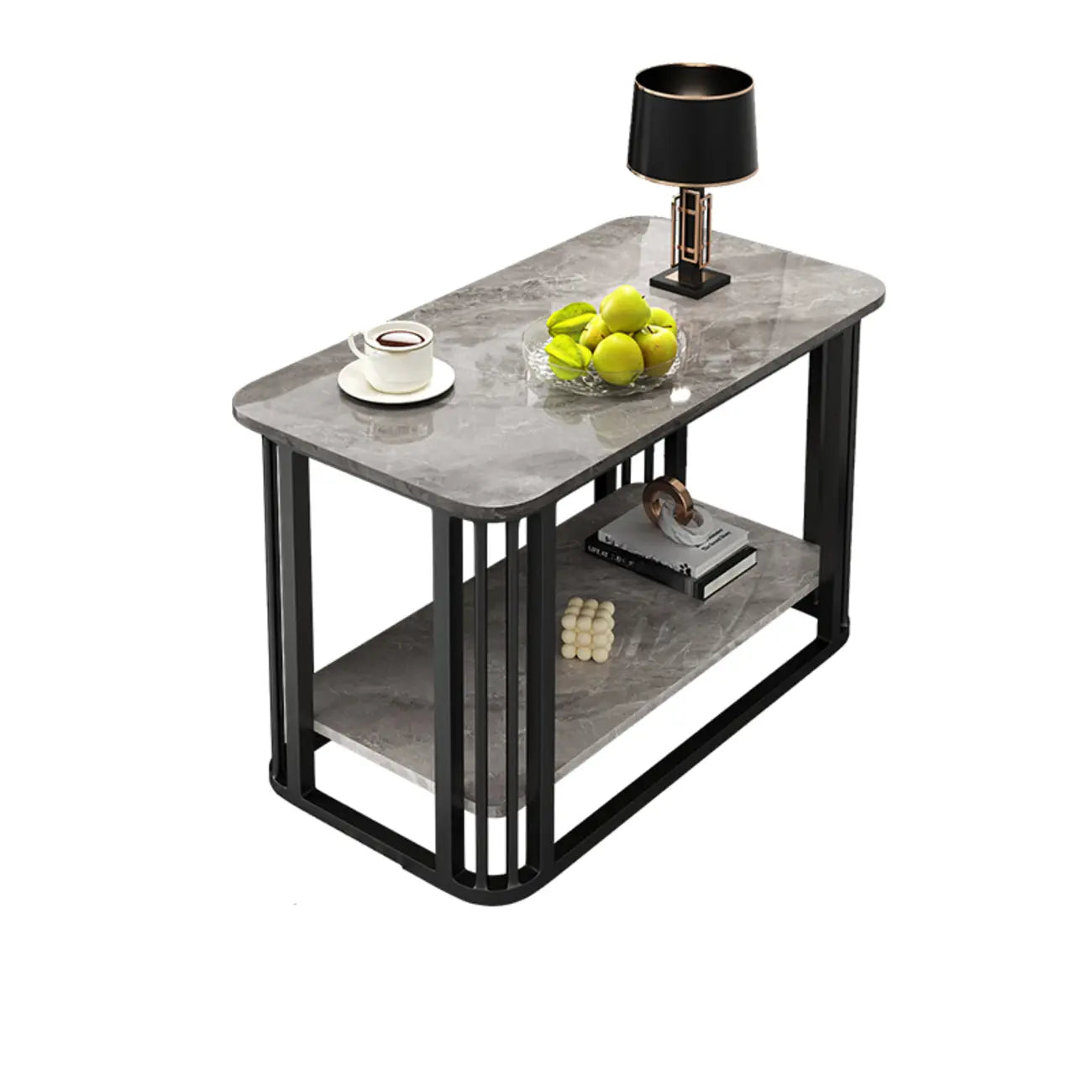 Table basse rectangulaire de luxe dorée à deux niveaux avec plateau en pierre