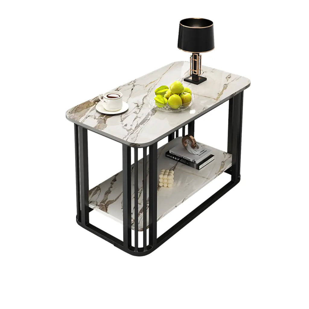 Table basse rectangulaire de luxe dorée à deux niveaux avec plateau en pierre