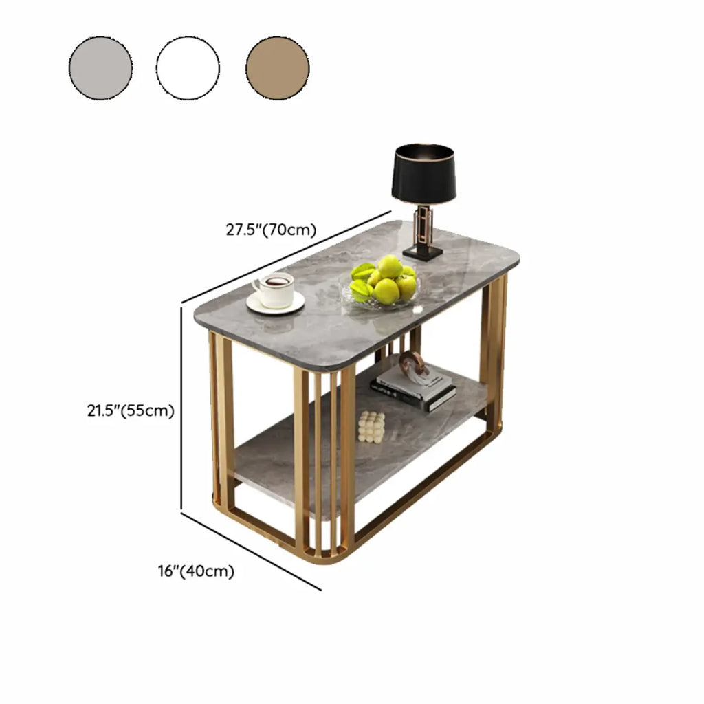 Table basse rectangulaire de luxe dorée à deux niveaux avec plateau en pierre