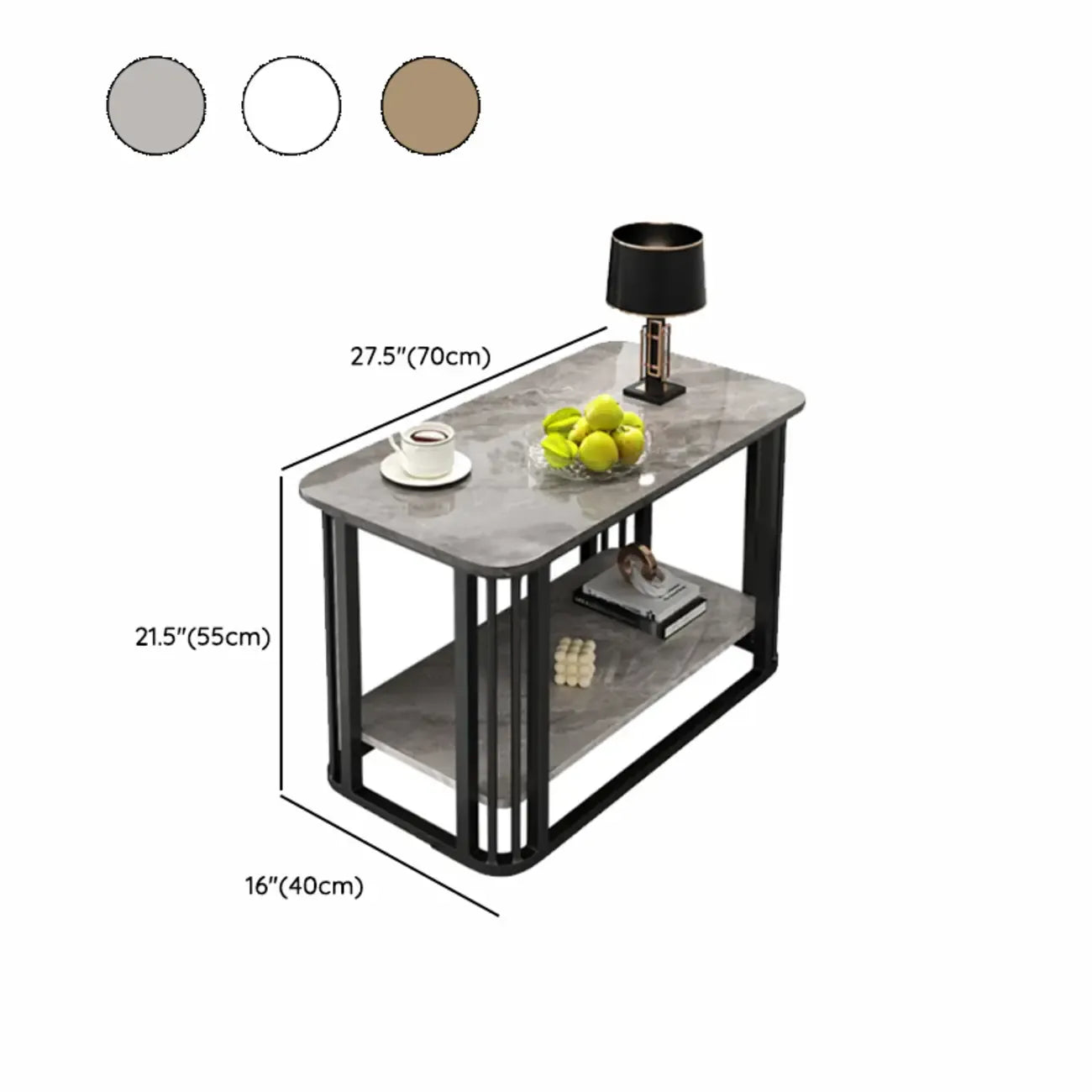 Table basse rectangulaire de luxe dorée à deux niveaux avec plateau en pierre