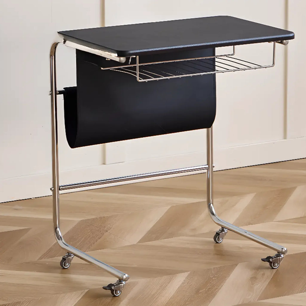 Table d'appoint minimaliste à roulettes en métal avec plateau en bois et structure en forme de C