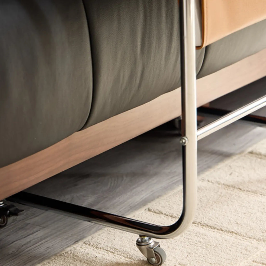 Table d'appoint minimaliste à roulettes en métal avec plateau en bois et structure en forme de C